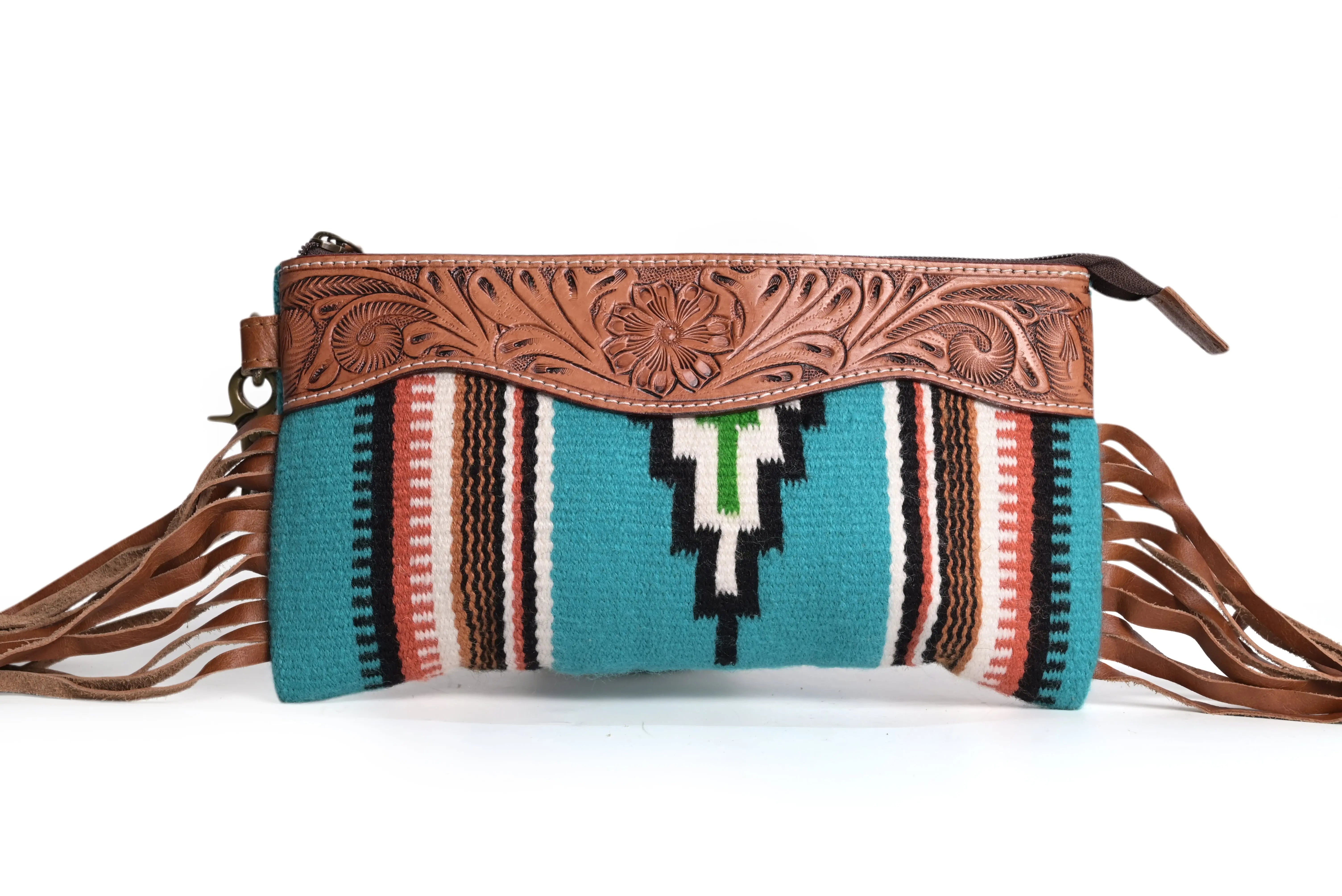Western Saddle Blanket Hand Tooled Genuine Leather Clutch Wrist Bag - abitoamerica